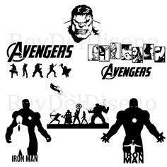 the avengers logo and their silhouettes are shown in black and white, as well as an