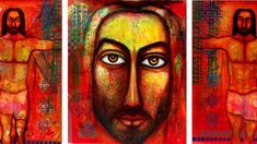 three paintings of men with different faces and body shapes, each painted in bright colors