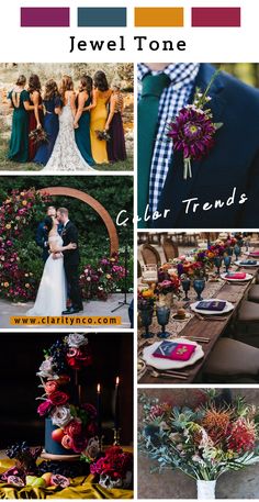 a collage of photos with different colors and designs on them, including the bride and groom's bouquets