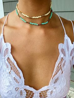 now waterproof! beach vibes for sure! these new chokers are so fun and perfect for casual summertime looks. available in blue, green and white. fun alone or layered with your other faves! -1 boho beaded choker in your choice of white, green, blue or pink (stainless steel beads) every piece of jewelry is handcrafted and/or assembled at bubs & sass. we pay a lot of attention to detail and want our customers to be happy! please reach out if we haven't accomplished this. all of our products are nick Blue Or Pink, Beach Vibes, Beaded Choker, Beach Vibe, Green And White, White Green, Choker, Blue Green, Beaded Necklace