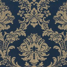 a blue and gold wallpaper with an ornate design