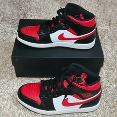 Jordan 1 Mid-Black And Red. Size 8.5. Worn Once-Excellent Condition. Original Box. Shoes Jordan 1, Red Jordans, Shoes Jordan, Jordan Red, Jordan 1 Mid, Jordans For Men, Jordan Shoes, Jordan 1, Red Color