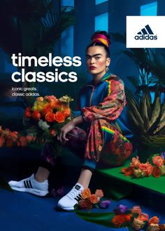 a woman sitting on a bench with flowers in her hand and the cover of adidas's times classics