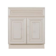 a white cabinet with two doors and drawers