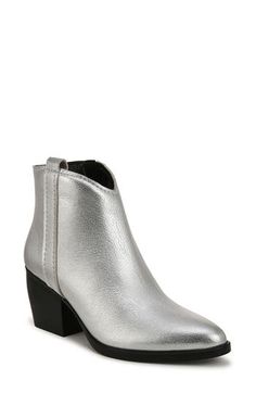 A curvy topline brings Western vibes to a pointy-toe bootie constructed from metallic leather and featuring N5 Contour technology cushioning and a stacked block heel. 2 3/4" heel Side zip closure N5 Contour technology cushioned footbed Leather upper/synthetic lining and sole Imported Chic Silver Heels For Fall, Metallic Heels With Stacked Heel, Metallic Boots For Formal Fall Occasions, Metallic Heels For Fall, Fall Metallic Heeled Boots With Pointed Toe, Silver Heeled Boots With Round Toe For Fall, Metallic Pointed Toe Boots For Fall, Silver Pointed Toe Heeled Boots For Fall, Fall Metallic Pointed Toe Heeled Boots