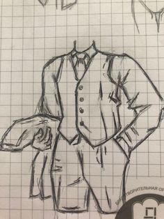 a drawing of a man in a suit and tie with his hand on his hip