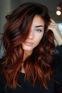 Discover 30 stunning fall hair colors, from rusty red to deep teal, perfect for adding warmth and style to your look this season. Red And Auburn Hair Color, Auburn Hair Colors With Highlights, Copper And Black Hair, Auburn Balayage, Rambut Brunette, Auburn Highlights, Copper Hair Color, Awesome Hair