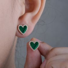 Natural Green Malachite Stud Earrings With Real Diamonds Solid 14K Yellow Gold Heart Shape Earrings Minimalist Jewelry Pair Of Two Earrings Early Christmas Arriving Product  ✦ If you want to lock your earrings with different style closure, then we can make it for you.  >> About this product:- * SKU Code:- SGT00357  * Handmade/ Handcrafted Fine Jewelry * Metal: 18K Solid Yellow Gold (with Stamped) * Metal Purity: 18K * Custom Metal Purity: 14K/ 18K  * Malachite Gemstone Weight: 1.02 Ct * Diamond Clarity:- SI-1 * Diamond Color:- G-H * Diamond Weight:- 0.21 Ct. * Diamond Cut:- Brilliant Cut * Heart Size:- 10 mm >> Sizing & Measurements:- >> We will make a great gift for the upcoming festive season - or for birthdays, valentine's day, anniversary, engagement, party, or just any special occasio Elegant Green Heart Cut Earrings, Gold Gemstone Heart Earrings, Heart-shaped Green Jewelry With Matching Earrings, Elegant Green Heart Earrings For Gift, Heart-shaped May Birthstone Earrings For Anniversary, Heart Shaped May Birthstone Earrings For Anniversary, Green Heart-shaped Earrings For Anniversary, Green Heart Earrings For Anniversary On Valentine's Day, Green Heart Earrings For Valentine's Day Anniversary