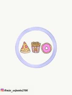 two donuts, pizza and fries are on a white plate with a blue ring