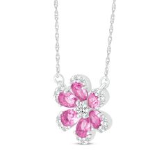 For Mom, the girl you adore or someone special, this sweet flower necklace is a gift she'll love. Crafted in sterling silver Pear-shaped pink lab-created sapphires create the petals At the center and around the edges, white lab-created sapphires amp up the sparkle The pendant is centered on an 18-inch rope chain that secures with a spring ring clasp Fine Jewelry Pink Flower Pendant Necklace, Pink Flower Pendant Necklace In Fine Jewelry Style, Pink Flower Pendant Necklace Fine Jewelry, Sterling Silver Flower Necklace For Valentine's Day, Valentine's Day White Gold Flower Pendant Necklace, Valentine's Day Sterling Silver Flower Necklace, Pink Flower Charm Necklace For Anniversary, Sterling Silver Flower Birthstone Necklace, Sterling Silver Flower Birthstone Necklaces