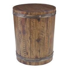 a round wooden table with metal trimmings on the top and bottom, sitting against a white background