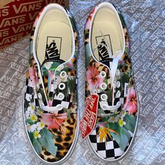 Sold Out On Vans Website. Price Is Firm. **New** Vans Era Tropical Animal Floral Check Sneakers. Women’s Size: 6 Men’s Size: 4.5 (Please Check Last Picture For Size) Brand New In Box. Floral Pattern With Hibiscus, Birds Of Paradise And Palms. Leopard Print And Check. True White. Lace Up Style. Includes Metal Eyelets, Padded Collars For Support And Flexibility, And Signature Rubber Waffle Outsoles. Comes In A Smoke And Pet Free Home! Will Sanitize Prior To Shipping, Shipping Asap! Thank You! Pink Floral Print Sneakers For Summer, Vans Floral Print Sneakers For Summer, Vans Floral Print Summer Sneakers, Trendy Vans Sneakers For Summer, Van Color, Tropical Animals, Vans Era, New Vans, Sneakers Women