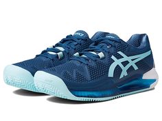 ASICS Gel-Resolution 8 Clay - Women's Shoes : Light Indigo/Clear Blue : Make your performance goals a reality with the ASICS Gel-Resolution 8 Clay tennis shoe. A lightweight upper built with Dynawrap and Dynawall technology keeps the foot locked down and secure. Flexion Fit upper. Lace-up closure for a custom fit. Padded tongue and collar. Breathable mesh lining. Midsole features a GEL cushioning system in the rear and forefoot for a responsive stride. Flexible outsole with AHAR+ rubber and a he Blue Asics Running Shoes With Arch Support, Asics Blue Running Shoes With Arch Support, Asics Athleisure Sneakers With Shock Absorption, Asics Fade-resistant Training Sneakers, Asics Training Sneakers, Sporty Asics Running Shoes Fade-resistant, Sporty Fade-resistant Asics Running Shoes, Asics Fade-resistant Running Shoes, Asics Running Shoes Fade-resistant