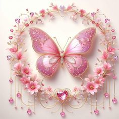 a pink butterfly surrounded by flowers and hearts