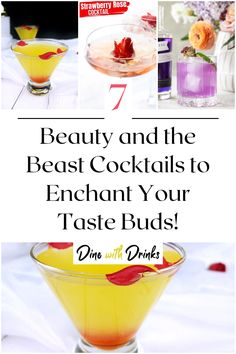 Collage of 4 beauty and the beast cocktails. Beauty And The Beast Signature Drinks, Beauty And The Beast Themed Drinks, Beauty And The Beast Cocktails, Beauty And The Beast Themed Dinner, Beauty And The Beast Drinks, Beauty And The Beast Menu Ideas, Beauty And The Beast Movie Night, Beauty And The Beast Snacks