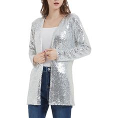 Turn heads with the Anna-Kaci Women's Sequin Jacket Open Front Coat Blazer Party Cocktail Outerwear Cardigan, a fun and glamorous piece perfect for parties and nights out. Whether you're pairing it with jeans and heels for a chic happy hour ensemble or dressing it down with denim shorts and sneakers for a more casual look, this sequin coat adds sparkle and style to any outfit. Womens Tailored Suit, Sequin Coats, Spring Blazer, Sequin Blazer, Denim Corset, Sequin Jacket, Womens Fleece, Blazer Coat, Happy Hour