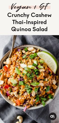 a bowl filled with rice and vegetables next to cashews on a gray surface