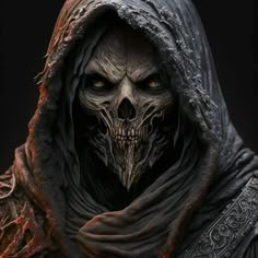 a demonic looking man wearing a hooded cloak