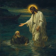 a painting of jesus walking into the water next to a man with his hand out