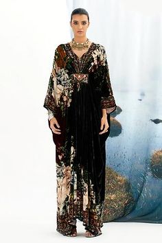 Shop for Rajdeep Ranawat Black Imama Silk Velvet Printed Kaftan for Women Online at Aza Fashions Bohemian Floral Print Evening Kaftan, Embellished Black Bohemian Kaftan, Black Embellished Bohemian Kaftan, Black Bohemian Embellished Kaftan, Elegant Black Kaftan With Floral Print, Velvet Kaftan Dress, Velvet Kaftan, Rajdeep Ranawat, Kaftan For Women