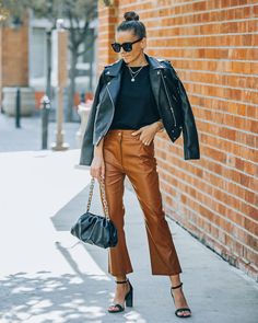 Caramel Pants Outfit, Camel Colored Pants, Brown Leather Pants Outfit, Faux Leather Pants Outfit, Brown Leather Pants, Pleather Pants, Leather Pants Outfit, Tan Pants, Mini Necklace