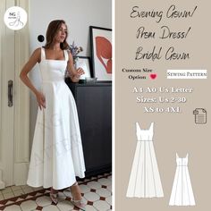 a woman in a white dress standing next to a wall and wearing the evening gown from bridal gown sewing pattern