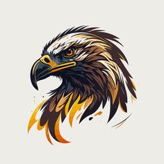 an eagle's head with orange, yellow and black feathers on white background illustration