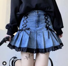 Gothic Harajuku Fashion, Clothes Kawaii, Kawaii Skirt, Egirl Clothes, Egirl Outfits, Style Kawaii, Cotton Polyester Fabric, Blue Denim Skirt, Denim And Lace