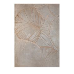 an abstract painting with large leaves on the wall in grey and beige tones, as well as