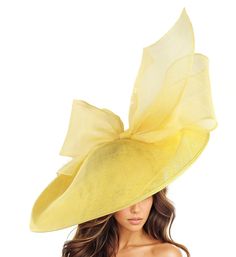 Hats By Cressida Kentucky Derby Ascot Fascinator Hats Lemon Yellow Barn Owl Fascinator Hat Gorgeous extra large lemon yellow sinamay flat saucer hatinator trimmed with a yellow modern take on a bow This lemon yellow fascinator measures 48cm wide or about 19 inches This headpiece is mounted with a matching headband.   If you prefer a headband to match your hair, please make a note at check out what colour headband you want. Our Barn Owl Saucer Fascinator Hatinator that's perfect for any formal occasion, wedding, horse racing events like the Kentucky Derby, Ascot,Dubai World Cup and Glorious Goodwood.  Featuring an extra large sinamay flat saucer base and sinamay bow, this elegant cocktail hat is ideal for women who want to make a statement at the Epsom Derby,Kentucky Oaks, Preakness or moth Yellow Headpiece, White Derby Hat, Yellow Fascinator, Bride Attire, Kentucky Derby Fascinator, Derby Outfits, Feather Headpiece, Derby Fascinator, Tea Party Hats