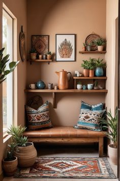 Cozy nook with a wooden bench, patterned pillows, potted plants, and eclectic wall art. Sedona Home Decor, South American Interior Design, Southwest Aesthetic Home, Arizona Aesthetic Home, Southwest Design Interior, Arizona Casita, Earthy House Aesthetic, Southwest Homes Interior