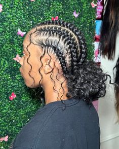 Braided Back With Curly Hair, Cornrow Buns With Curls, Cornrow Braids Into 2 Buns, Add On Hairstyles, Braids With Two Buns In The Back, Feed In Braids Hairstyles With Curls, Feed In Buns With Curls, Stitch Braids Buns, Feed In Curly Bun