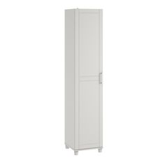 a tall white cabinet with one door open