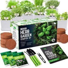 the indoor herb garden starter kit includes herbs, seed pods and gardening tools