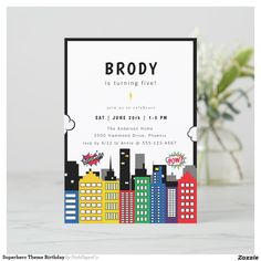 a birthday party card with an image of a cityscape and the words, brony is turning five