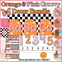 the orange and pink grooy decor bundle includes letters, numbers, and symbols