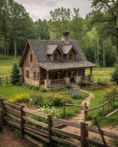 an old log cabin sits in the middle of a field with flowers and trees around it