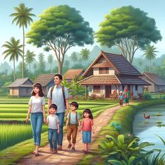 a painting of a family walking down a path