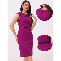 This classic sheath office work dress with the tie belted can perfectly show your waistline. A business casual style dress is designed with short cap sleeves and a pleated front round neck, the quality details make dresses more elegant. Suitable for summer and many occasions, such as casual daily wear, business, cocktail parties, interviews, office work, meetings, etc. Elegant Solid Belted Dress For Work, Elegant Solid Color Belted Dress For Workwear, Business Casual Style, Work Meetings, Sheath Dresses, Dresses Purple, Fashion Business Casual, Cocktail Parties, Work Dress