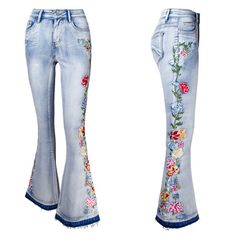 Floral Side Embroidery Wide Leg Bottom Flare Bottom Jeans. Cotton Polyester. Special Order Delivery 7-21 Days Styles: Boho Indie Bohemian 70s Festival Music Plus Size Summer Bohemian Embroidered Jeans, Blue Jeans With Floral Embroidery For Summer, Summer Blue Jeans With Floral Embroidery, Bohemian Floral Embroidered Jeans For Summer, Embroidered Fitted Jeans For Summer, Fitted Embroidered Jeans For Summer, Embroidered Fitted Jeans For Spring, Fitted Embroidered Jeans For Spring, Fitted Embroidered Summer Jeans