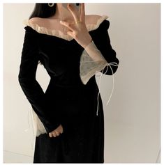 Kukombo Antumn Winter Evening Party Midi Dresses Women Black Korean Fa Korean Fashion Elegant, Elegant Vintage Dresses, Black Korean, Winter Evening, Ruffle Long Sleeve, Midi Dress Party, Fashion Elegant, Fairy Dress, Dresses Women