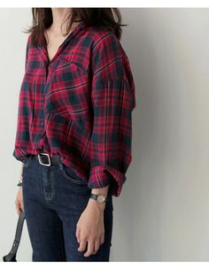 Size Chart Plaid Shirt Women, Long Sleeve Blouses, Clothes Korean Style, Vintage Flannel, Girls Blouse, Women Blouse, Women Blouses, Loose Shirts, Casual Tops For Women