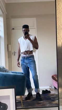 Denim Vintage Outfit, Men’s Pride Outfit, Club Clothes Men, Gay Man Fashion, Pride Outfit Ideas Men, Androgynous Fashion Summer, Pride Aesthetic Outfits, Outfit Ideas Masc, Mens Thrift Fashion