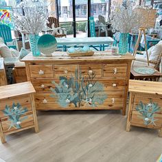 Coastal Dresser and Nightstand Set w/ Hand Painted Original Art Sunshine & Sweet Peas Coastal Decor Coastal Hardware, Dresser And Nightstand Set, Coastal Dresser, Dresser And Nightstand, Poly Outdoor Furniture, Nightstand Set, Hand Painted Designs, Solid Wood Dresser, 8 Drawer Dresser