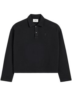 black cotton piqué weave signature Ami de Coeur monogram motif embroidered logo to the rear polo collar front button placket long sleeves straight hem When buying this unisex item, keep in mind that it is graded in standard men's sizing. Polo Men, Polo Shirt White, City Dress, Ami Paris, Long Sleeve Polo Shirt, Cotton Polo Shirt, Summer Beach Wear, Cotton Polo, Long Sleeve Polo