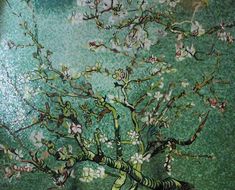 a painting of a tree with white flowers on it's branches in front of a green background