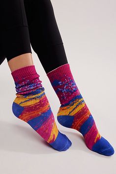 The perfect blend of fun and functional, these wear-anywhere socks add a fashionable touch to absolutely any activewear ‘fit. **Features:** Crew style, ribbed top hem, splatter detailing, soft stretch fabrication, contrast toe and heel **Why We ❤ It:** The true definition of an effortless essential, these super versatile socks are perfect to take you from the trail to simply chilling at home. | Splatter Surge Hike Socks by FP Movement at Free People, Berry Combo Sporty Stretch Socks For Gym, Comfortable Athleisure Socks For Workout, Comfortable Casual Socks For Yoga, Comfortable Casual Yoga Socks, Multicolor Stretch Sports Socks, Spring Sports Socks With Stretch, Sports Socks For Spring, Stretch Sports Socks For Spring, Trendy Sports Socks For Spring