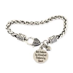 A beautiful antique silver bracelet made for the special bond between sisters, reminding them that even if they're not blood related, they are still sisters at heart. Give your sister a keepsake that celebrates your special connection! * Chain Link Bracelet * 7/8" disc with phrase shown * Silver Heart Charm This bracelet comes in ONLY Silver. Custom orders are welcome. Each bracelet is nicely wrapped in an organza bag. Unless you prefer to select our Gift Package Option During Checkout Bracelet Silver Heart Bracelet For Best Friend On Mother's Day, Silver Nickel-free Heart Bracelet For Friendship, Friendship Bracelets For Mother's Day, Sisters By Heart, Gift Package, Organza Bags, Chain Link Bracelet, Silver Heart, Heart Charm