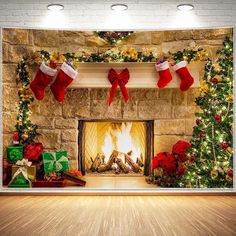 the fireplace is decorated with stockings and presents