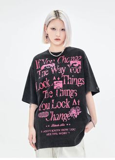 𝔇𝔢𝔱𝔞𝔦𝔩𝔰: Style: Creepycute, Kawaii Goth, Streetwear Material: Cotton With its fiercely graphic design and edgy yet unique look, it's the perfect attire for those who love to defy the norm. This shirt combines black and pink in an explosive graffiti design guaranteed to turn heads wherever you go. Soft and comfy material, perfect for everyday wear Enjoy free shipping with a purchase of over 80$. We ship worldwide SIZE LENGTH CHEST SLEEVEM 29 in 46 in 9 inL 30 in 48 in 9 inXL 31 in 50 in 10 Oversized Pink Graphic Print T-shirt, Pink Y2k T-shirt With Letter Print, Trendy Pink Tops For Streetwear, Pink Harajuku T-shirt With Graphic Design, Pink Y2k Tops For Streetwear, Pink Slogan T-shirt For Streetwear, Pink Screen Print Tops For Streetwear, Pink Letter Print Y2k Top, Y2k Letter Print Tops For Alternative Fashion